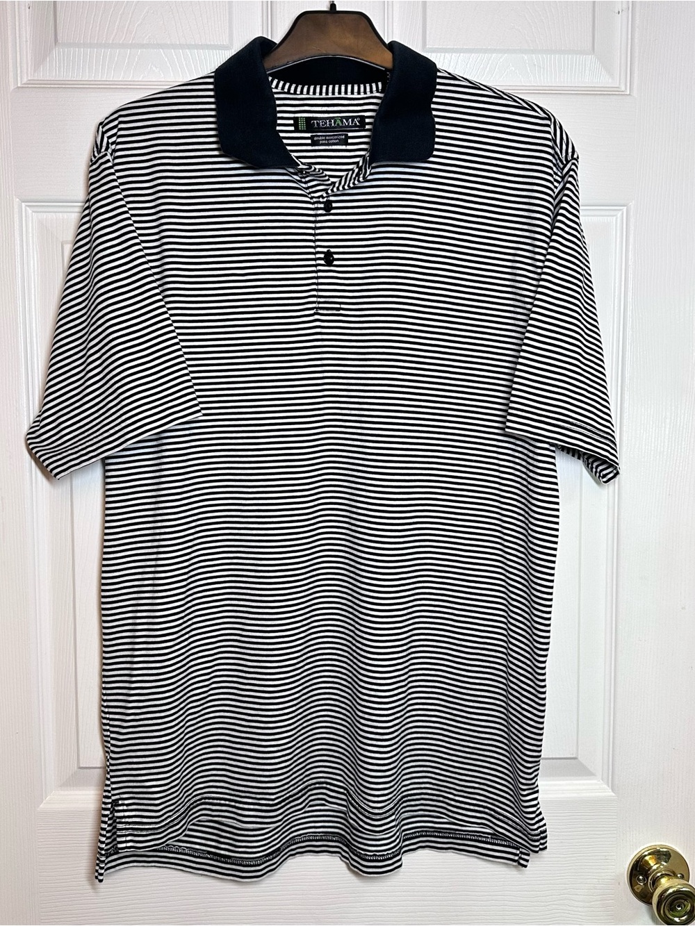 Tehama Men's L Black White Striped Pima Cotton Polo Shirt Short Sleeve Golf